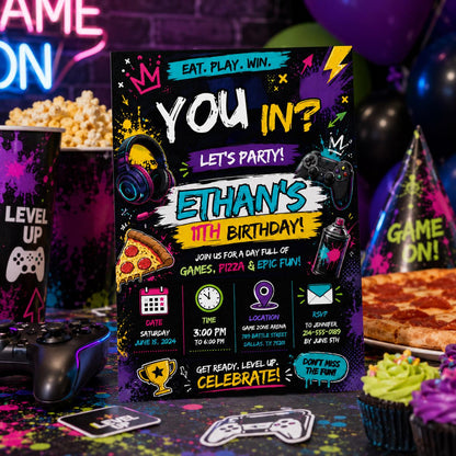Editable Neon Glow Birthday Invitation Canva Template, Boys Kids Teens Neon Cute Fun DIY Chic Teen Party Invite, Printable Digital Download.