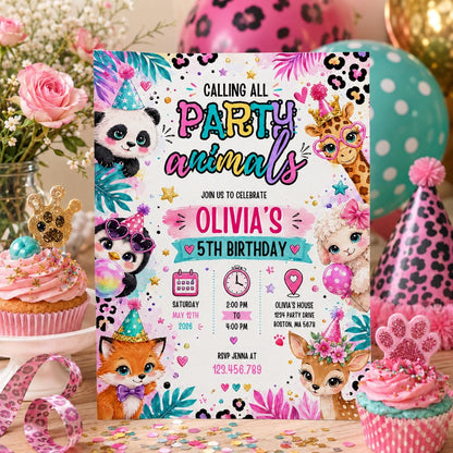 Editable Animal Birthday Invitation Canva Template, Kids Cute Modern Fun DIY Sweet Chic Teen Tween Party Invite, Printable Digital Download.