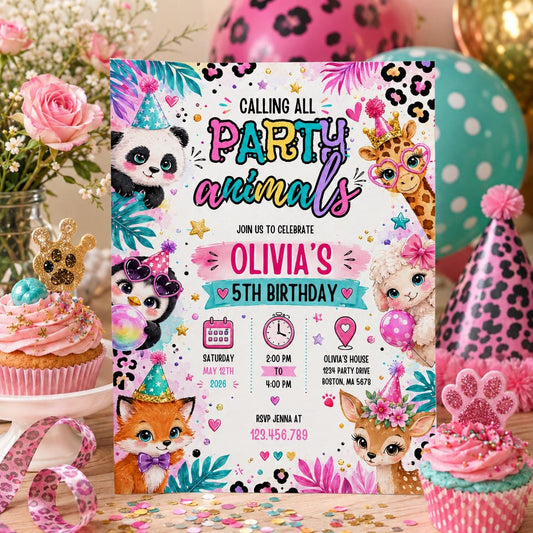 Editable Animal Birthday Invitation Canva Template, Kids Cute Modern Fun DIY Sweet Chic Teen Tween Party Invite, Printable Digital Download.