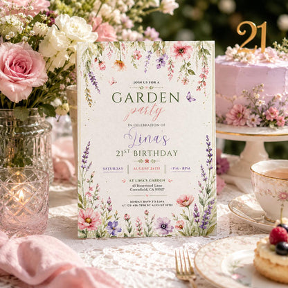 Editable Garden Birthday Invitation Canva Template, Floral Girls Cute Fun DIY Sweet Chic Kids Teen Party Invite, Printable Digital Download.