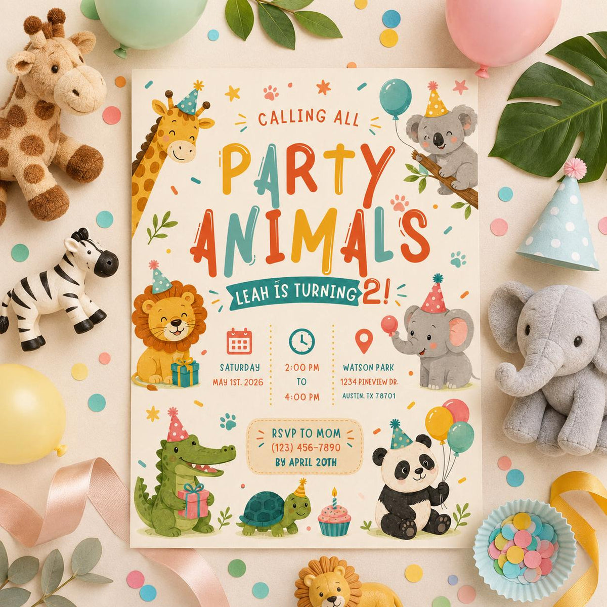 Editable Animal Birthday Invitation Canva Template, Kids Cute Modern Fun DIY Sweet Chic Teen Tween Party Invite, Printable Digital Download.