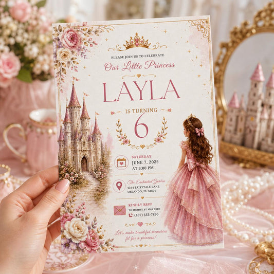 Editable Princess Birthday Invitation Canva Template, Girls Cute Modern Fun Themed Custom DIY Chic Party Invite, Printable Digital Download.