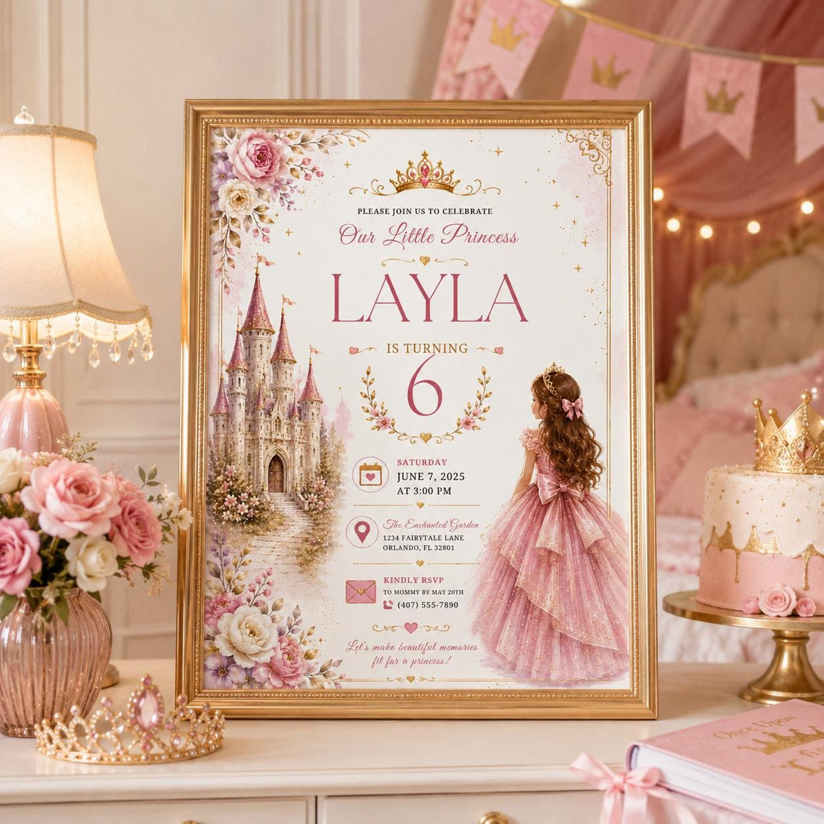 Editable Princess Birthday Invitation Canva Template, Girls Cute Modern Fun Themed Custom DIY Chic Party Invite, Printable Digital Download.