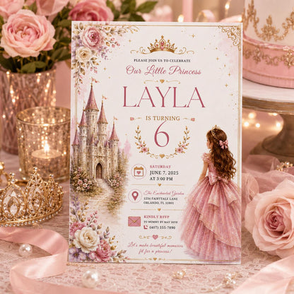Editable Princess Birthday Invitation Canva Template, Girls Cute Modern Fun Themed Custom DIY Chic Party Invite, Printable Digital Download.