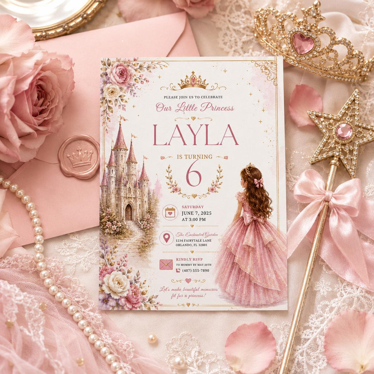 Editable Princess Birthday Invitation Canva Template, Girls Cute Modern Fun Themed Custom DIY Chic Party Invite, Printable Digital Download.