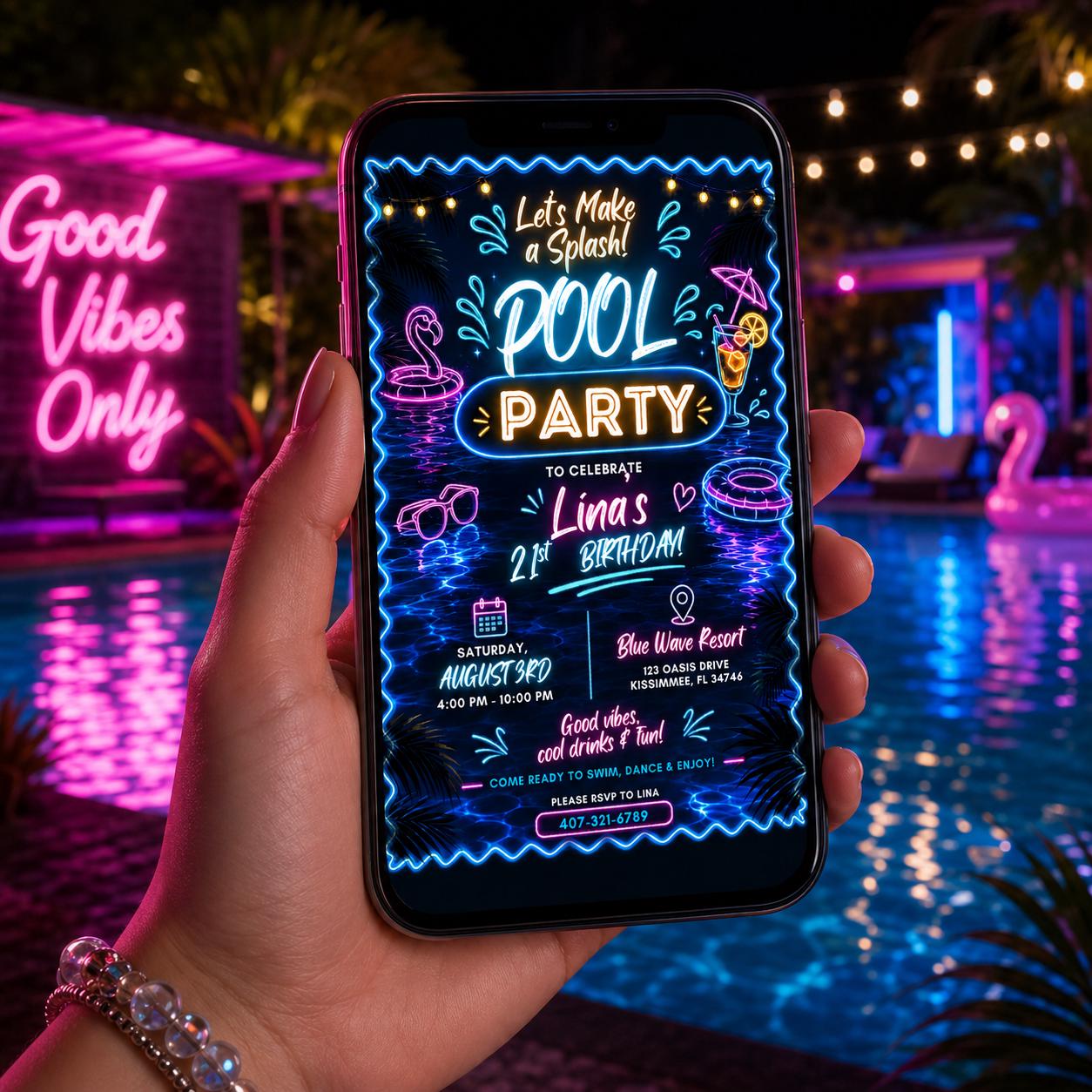 Editable Pool Birthday Invitation Canva Template, Floral Girls Teens Pool Cute Modern Fun DIY Chic Party Invite, Printable Digital Download.