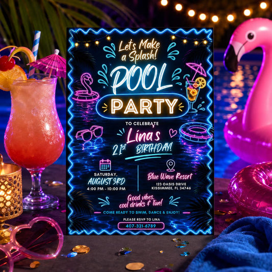 Editable Pool Birthday Invitation Canva Template, Floral Girls Teens Pool Cute Modern Fun DIY Chic Party Invite, Printable Digital Download.