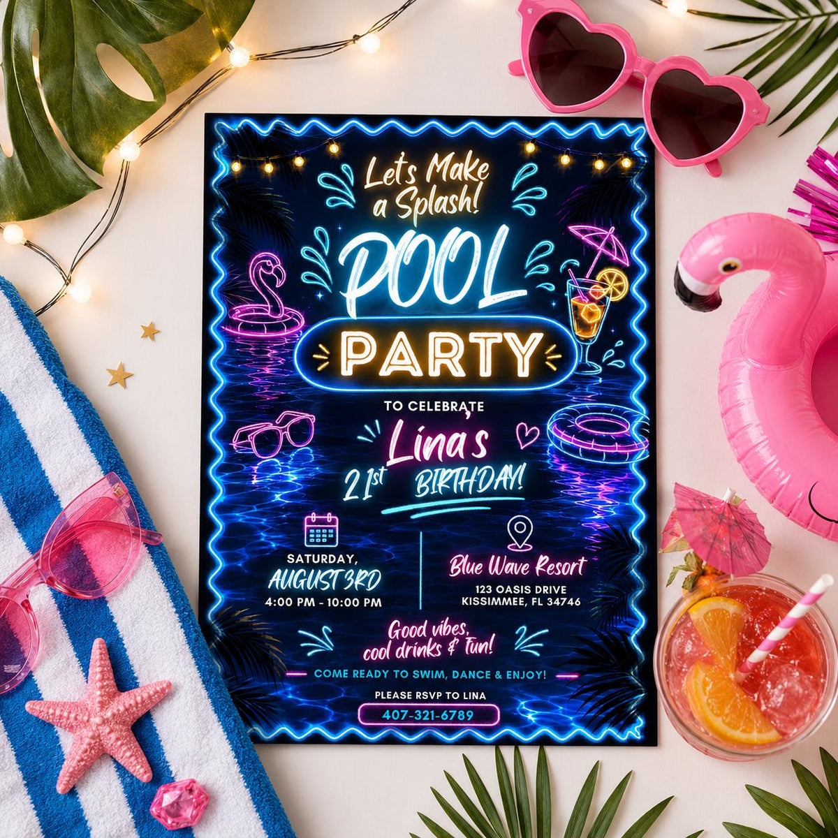 Editable Pool Birthday Invitation Canva Template, Floral Girls Teens Pool Cute Modern Fun DIY Chic Party Invite, Printable Digital Download.