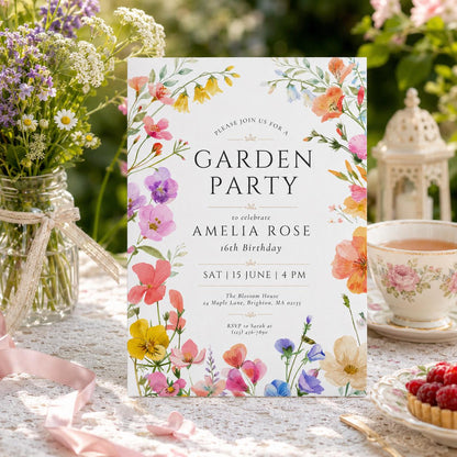 Editable Garden Birthday Invitation Canva Template, Floral Kids Teens Adult Cute Fun DIY Chic Teen Party Invite, Printable Digital Download.