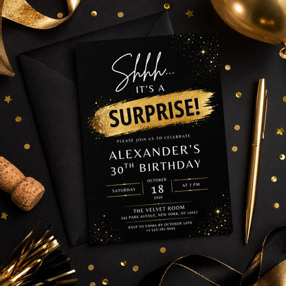 Editable Surprise 30th Birthday Invitation Canva Template, Adult Cute Fun DIY Sweet Chic Kids Teen Party Invite, Printable Digital Download.