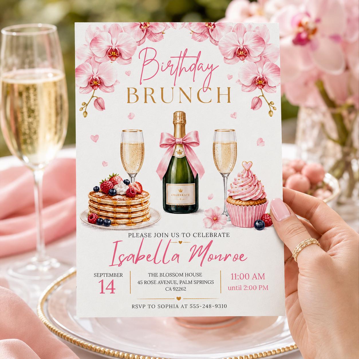 Editable Brunch Birthday Invitation Canva Template, Pink Floral Girls Adult Cute Fun DIY Chic Kids Party Invite, Printable Digital Download.