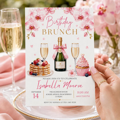 Editable Brunch Birthday Invitation Canva Template, Pink Floral Girls Adult Cute Fun DIY Chic Kids Party Invite, Printable Digital Download.