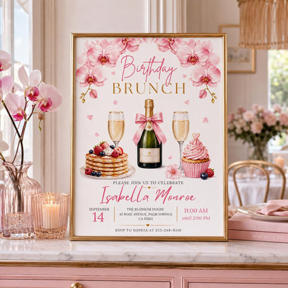 Editable Brunch Birthday Invitation Canva Template, Pink Floral Girls Adult Cute Fun DIY Chic Kids Party Invite, Printable Digital Download.