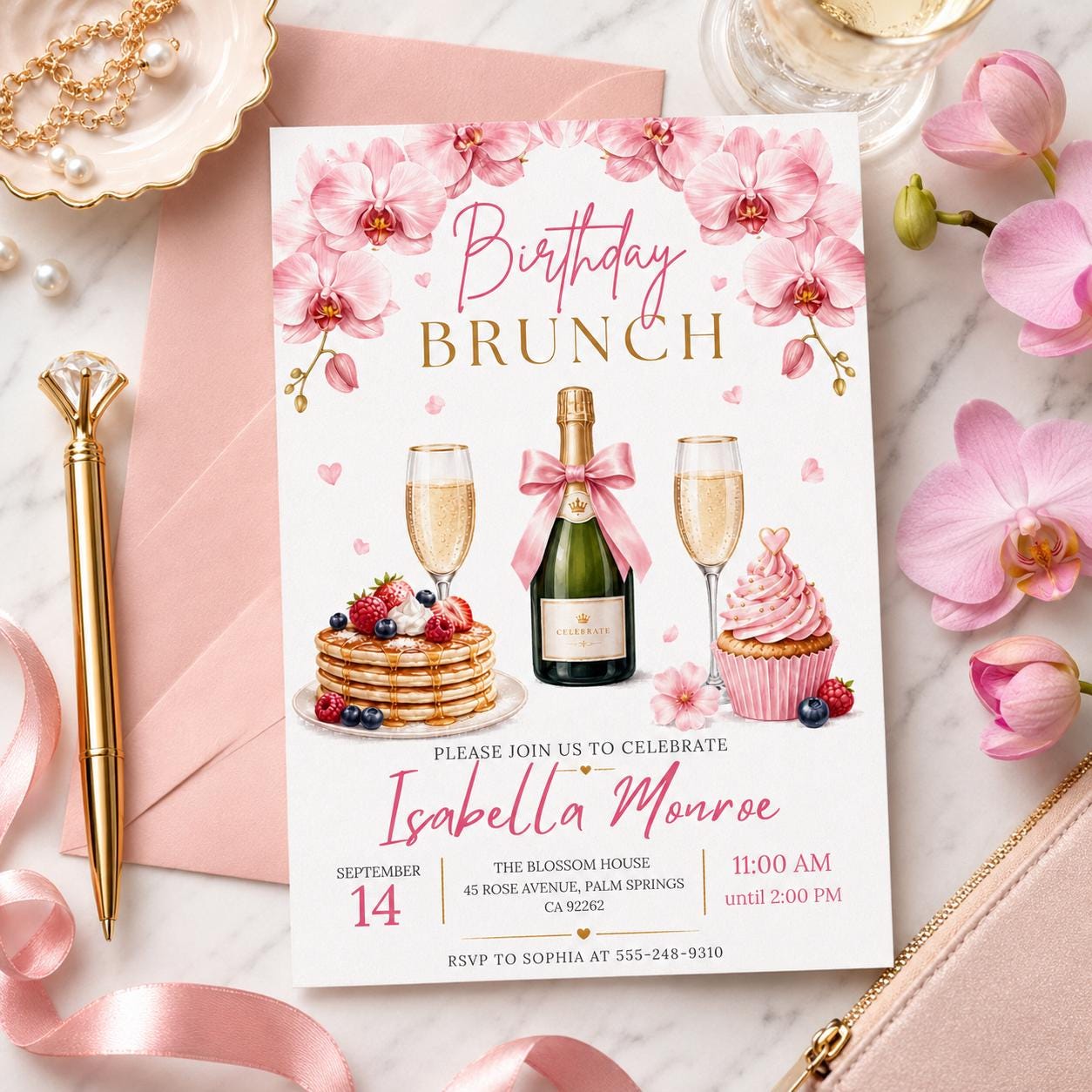 Editable Brunch Birthday Invitation Canva Template, Pink Floral Girls Adult Cute Fun DIY Chic Kids Party Invite, Printable Digital Download.