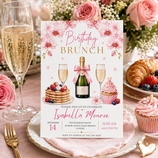 Editable Brunch Birthday Invitation Canva Template, Pink Floral Girls Adult Cute Fun DIY Chic Kids Party Invite, Printable Digital Download.