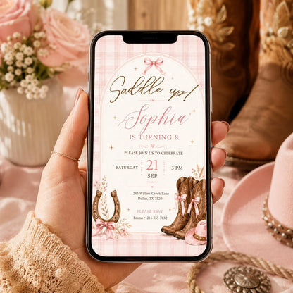 Editable Western Cowgirl Birthday Invitation Canva Template, Pink Girls Cute Modern Fun Themed DIY Party Invite, Printable Digital Download.