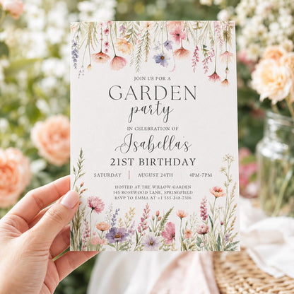 Editable Garden Birthday Invitation Canva Template, Floral Girls Cute Fun DIY Sweet Chic Kids Teen Party Invite, Printable Digital Download.