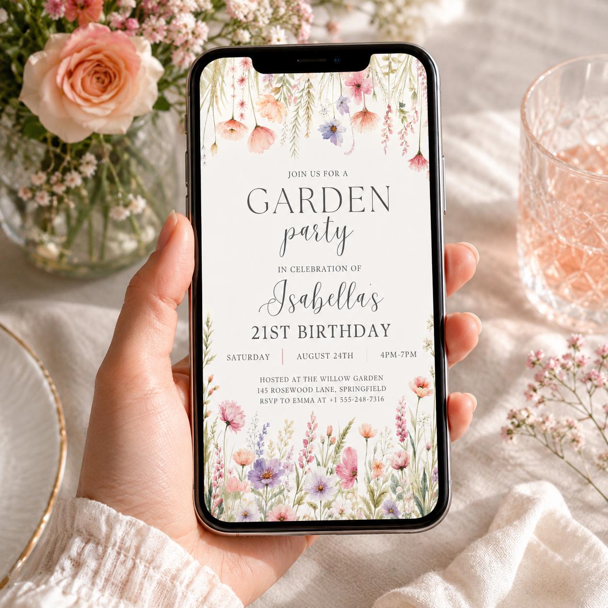 Editable Garden Birthday Invitation Canva Template, Floral Girls Cute Fun DIY Sweet Chic Kids Teen Party Invite, Printable Digital Download.