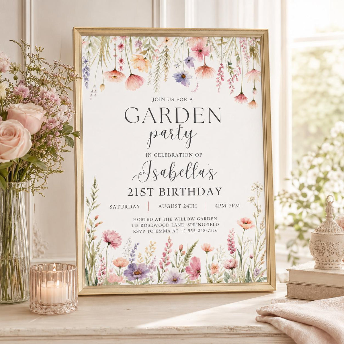 Editable Garden Birthday Invitation Canva Template, Floral Girls Cute Fun DIY Sweet Chic Kids Teen Party Invite, Printable Digital Download.