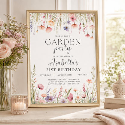 Editable Garden Birthday Invitation Canva Template, Floral Girls Cute Fun DIY Sweet Chic Kids Teen Party Invite, Printable Digital Download.