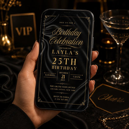 Editable Black Gold Birthday Invitation Canva Template, Modern Luxury Boys Cute Fun DIY Sweet Chic Party Invite, Printable Digital Download.