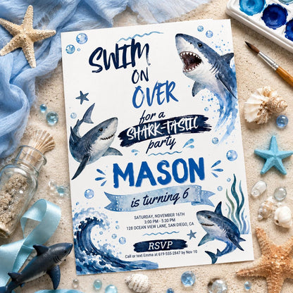 Editable Shark Birthday Invitation Canva Template, Boys Cute Modern Fun Themed DIY Sweet Chic Kids Party Invite, Printable Digital Download.