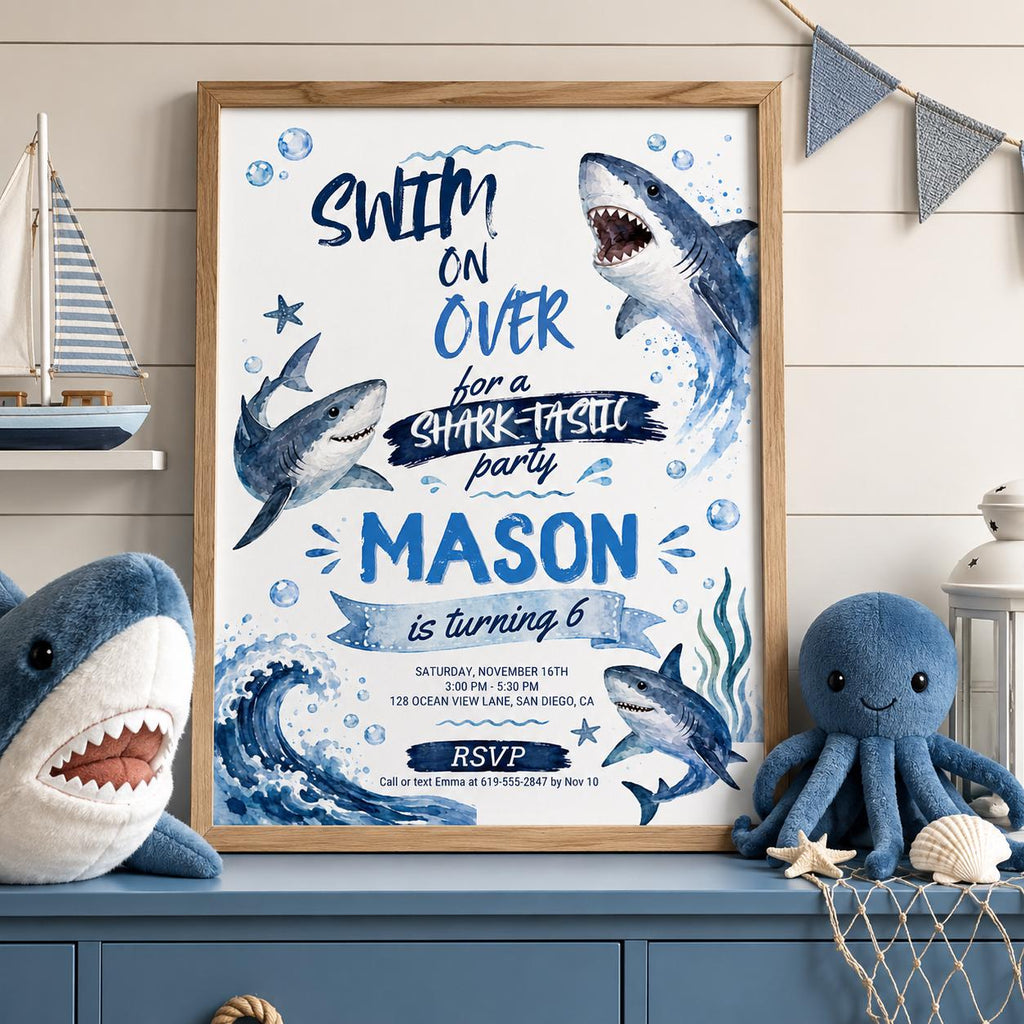 Editable Shark Birthday Invitation Canva Template, Boys Cute Modern Fun Themed DIY Sweet Chic Kids Party Invite, Printable Digital Download.