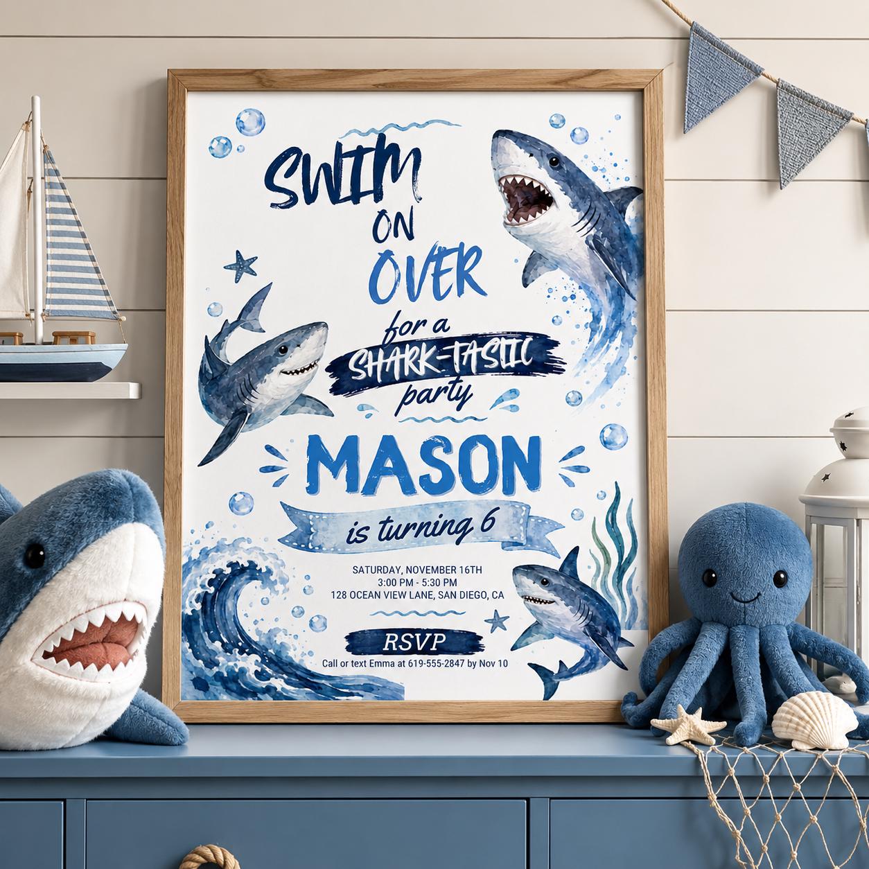 Editable Shark Birthday Invitation Canva Template, Boys Cute Modern Fun Themed DIY Sweet Chic Kids Party Invite, Printable Digital Download.