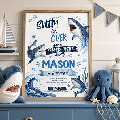 Editable Shark Birthday Invitation Canva Template, Boys Cute Modern Fun Themed DIY Sweet Chic Kids Party Invite, Printable Digital Download.