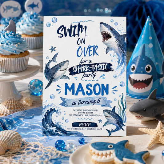 Editable Shark Birthday Invitation Canva Template, Boys Cute Modern Fun Themed DIY Sweet Chic Kids Party Invite, Printable Digital Download.