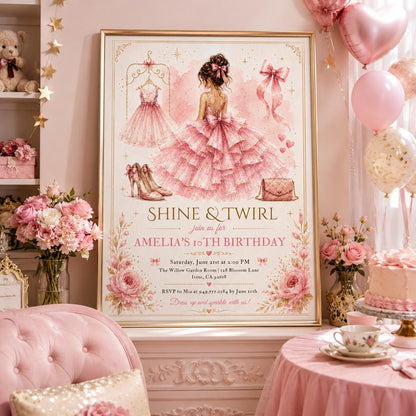 Editable Elegant Birthday Invitation Canva Template, Pink Gold Red Blush Luxury Adult Cute Fun DIY Party Invite, Printable Digital Download.