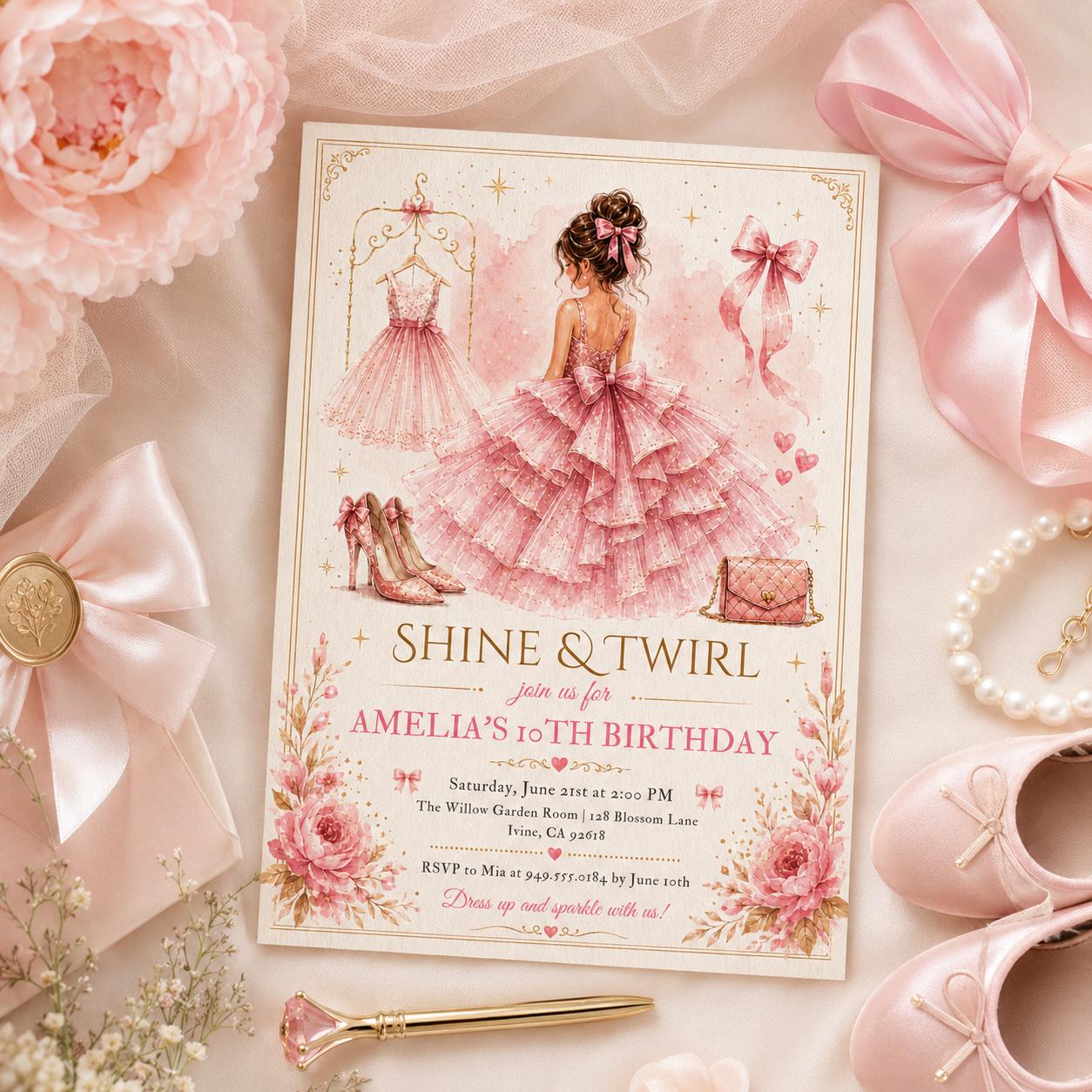 Editable Elegant Birthday Invitation Canva Template, Pink Gold Red Blush Luxury Adult Cute Fun DIY Party Invite, Printable Digital Download.