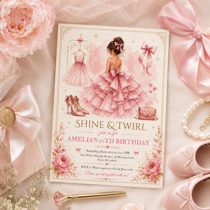 Editable Elegant Birthday Invitation Canva Template, Pink Gold Red Blush Luxury Adult Cute Fun DIY Party Invite, Printable Digital Download.