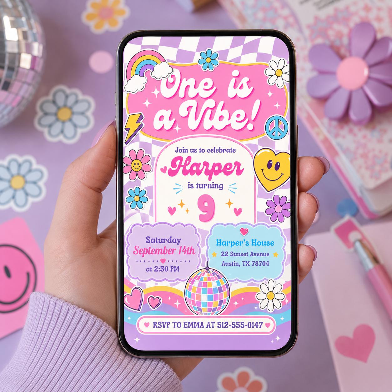 Editable Groovy Retro Birthday Invitation Canva Template, Girls Kids Teens Retro Cute Fun DIY Chic Party Invite, Printable Digital Download.