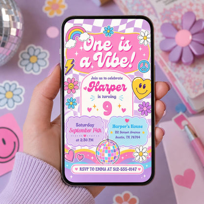 Editable Groovy Retro Birthday Invitation Canva Template, Girls Kids Teens Retro Cute Fun DIY Chic Party Invite, Printable Digital Download.