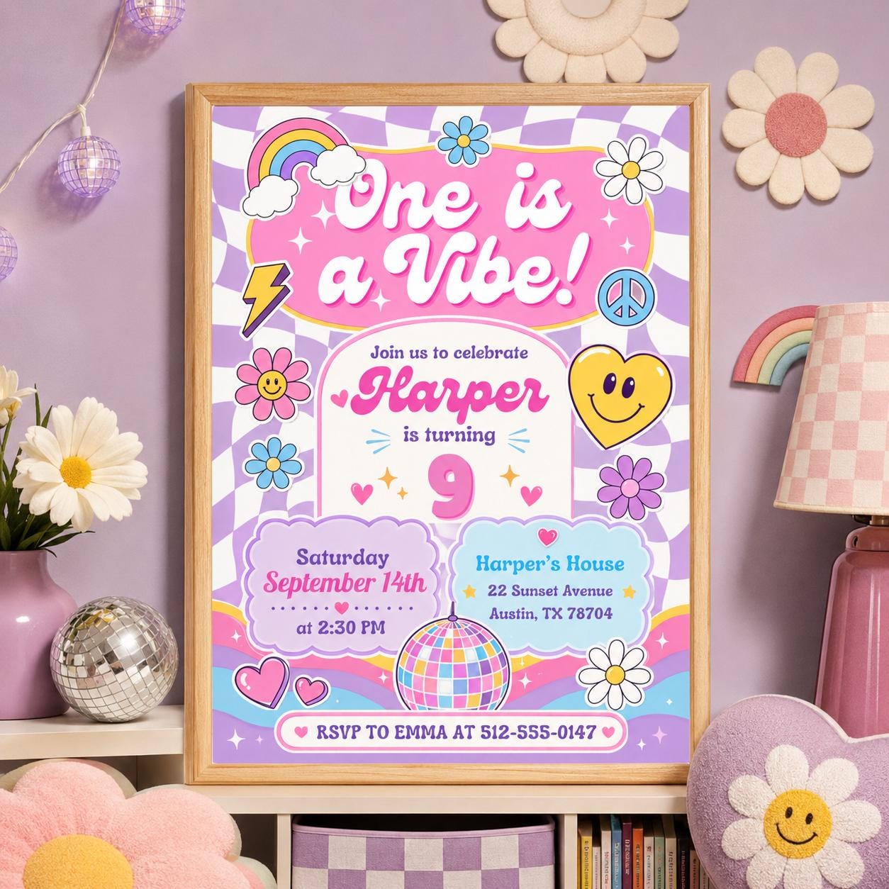 Editable Groovy Retro Birthday Invitation Canva Template, Girls Kids Teens Retro Cute Fun DIY Chic Party Invite, Printable Digital Download.