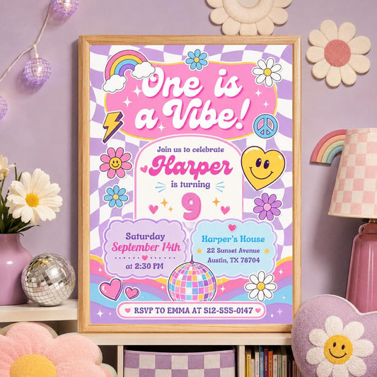 Editable Groovy Retro Birthday Invitation Canva Template, Girls Kids Teens Retro Cute Fun DIY Chic Party Invite, Printable Digital Download.