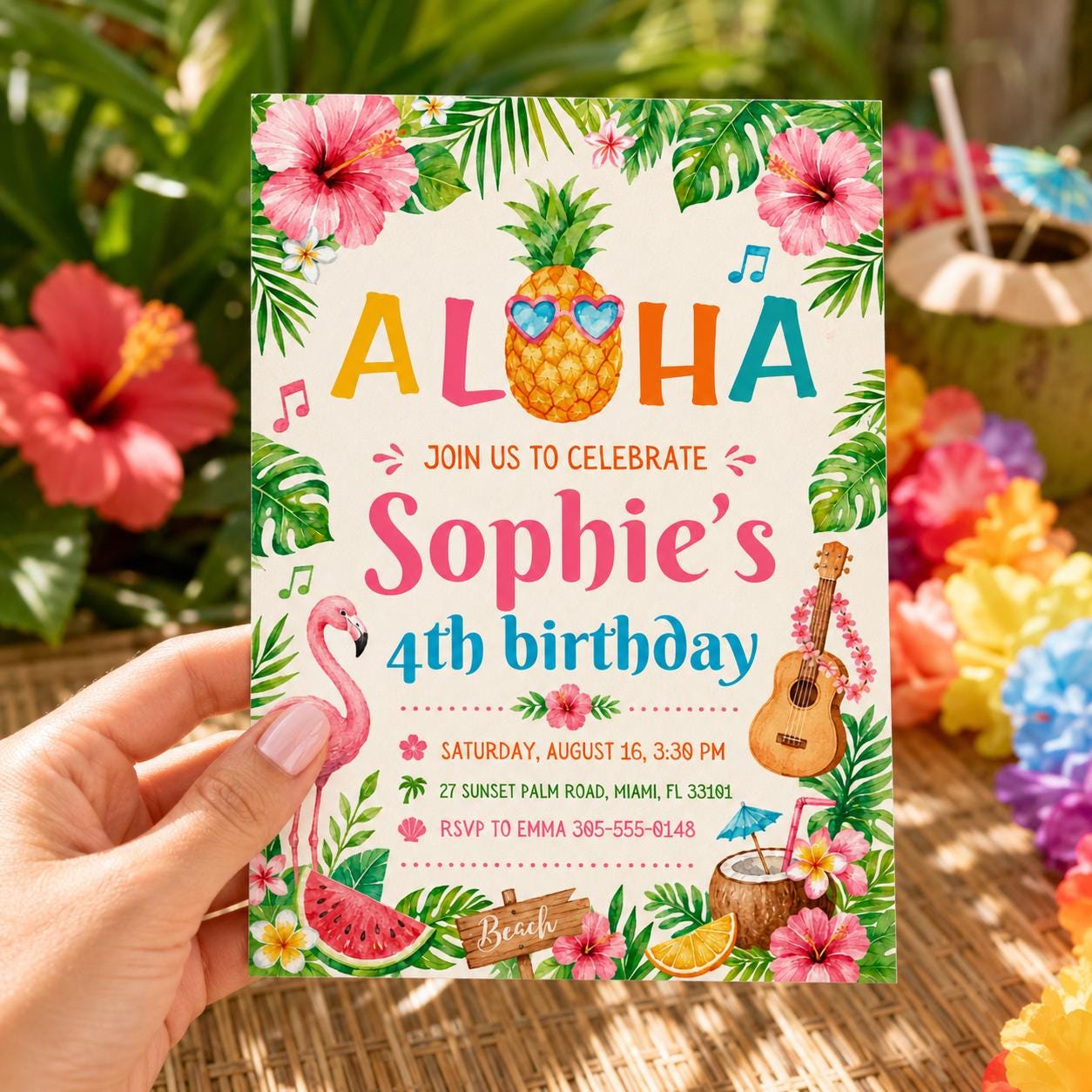 Editable Tropical Birthday Invitation Canva Template, Summer Cute Modern Fun Themed DIY Sweet Chic Party Invite, Printable Digital Download.