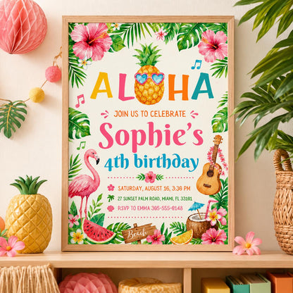 Editable Tropical Birthday Invitation Canva Template, Summer Cute Modern Fun Themed DIY Sweet Chic Party Invite, Printable Digital Download.