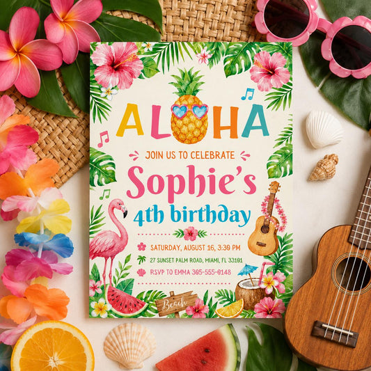 Editable Tropical Birthday Invitation Canva Template, Summer Cute Modern Fun Themed DIY Sweet Chic Party Invite, Printable Digital Download.