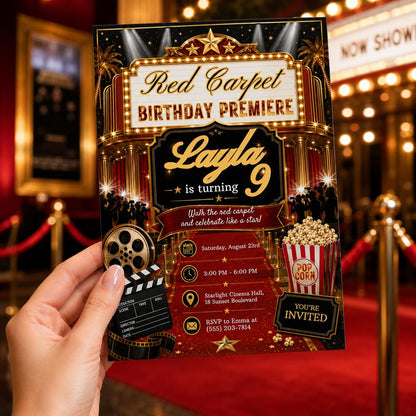 Editable Red Carpet Birthday Invitation Canva Template, Cute Modern Fun Themed DIY Sweet Chic Kids Party Invite, Printable Digital Download.
