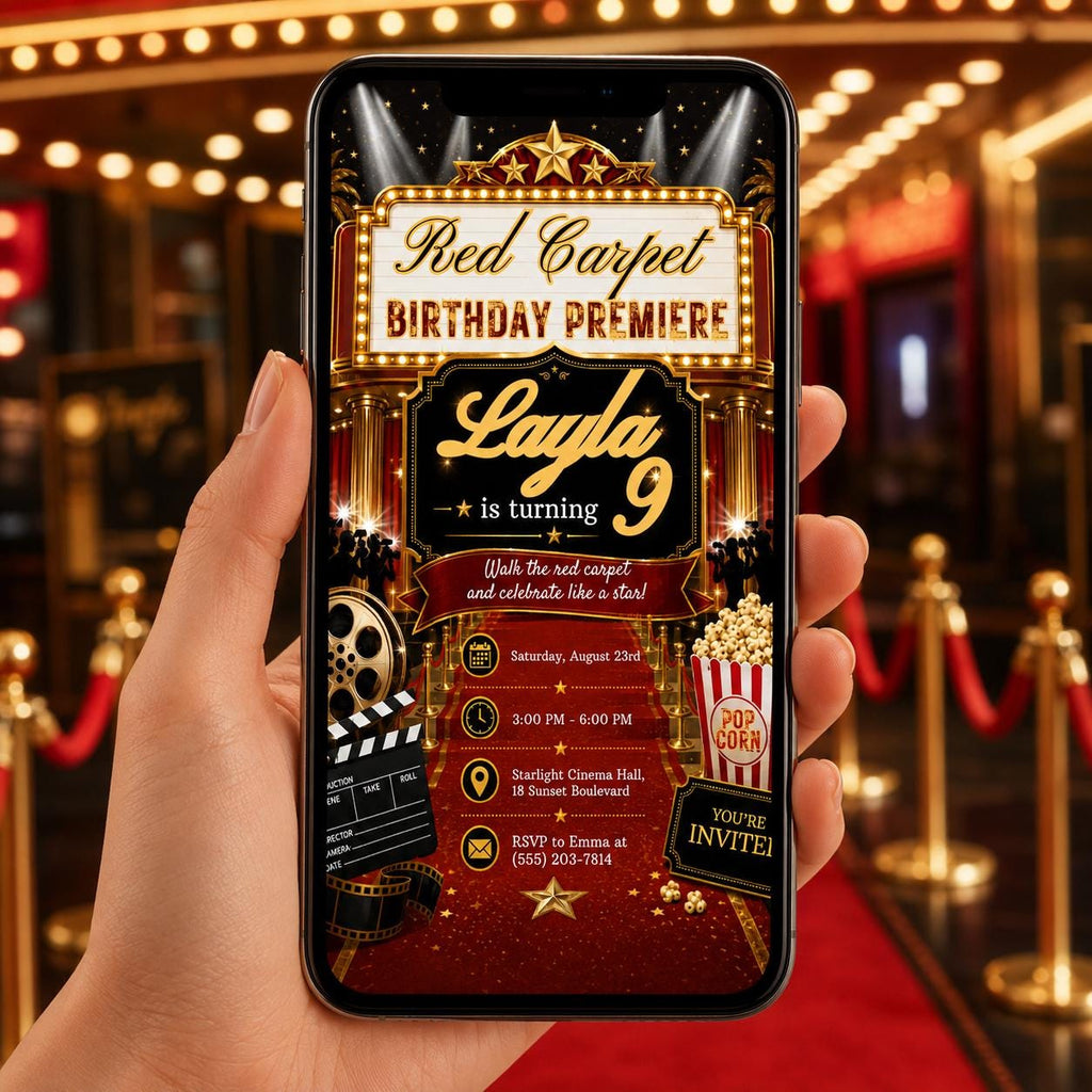 Editable Red Carpet Birthday Invitation Canva Template, Cute Modern Fun Themed DIY Sweet Chic Kids Party Invite, Printable Digital Download.