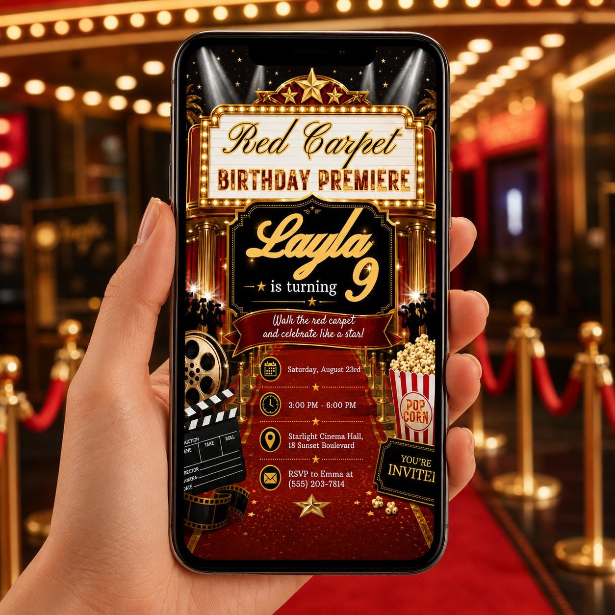 Editable Red Carpet Birthday Invitation Canva Template, Cute Modern Fun Themed DIY Sweet Chic Kids Party Invite, Printable Digital Download.