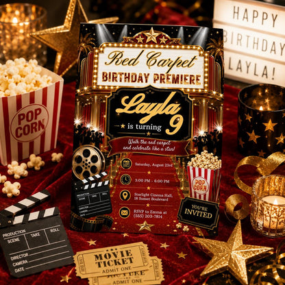 Editable Red Carpet Birthday Invitation Canva Template, Cute Modern Fun Themed DIY Sweet Chic Kids Party Invite, Printable Digital Download.