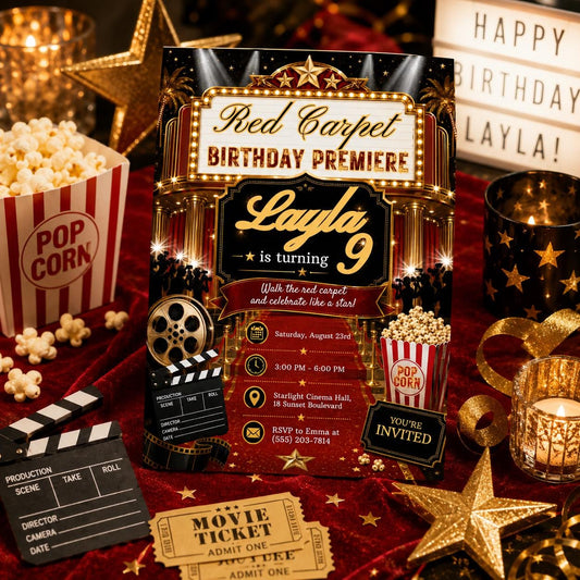 Editable Red Carpet Birthday Invitation Canva Template, Cute Modern Fun Themed DIY Sweet Chic Kids Party Invite, Printable Digital Download.