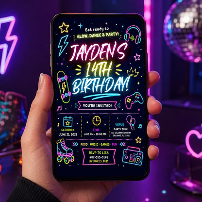 Editable Neon Glow Birthday Invitation Canva Template, Retro Teens Neon Cute Modern Fun Themed DIY Party Invite, Printable Digital Download.