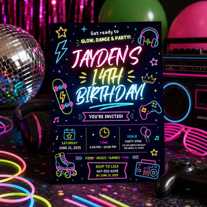 Editable Neon Glow Birthday Invitation Canva Template, Retro Teens Neon Cute Modern Fun Themed DIY Party Invite, Printable Digital Download.