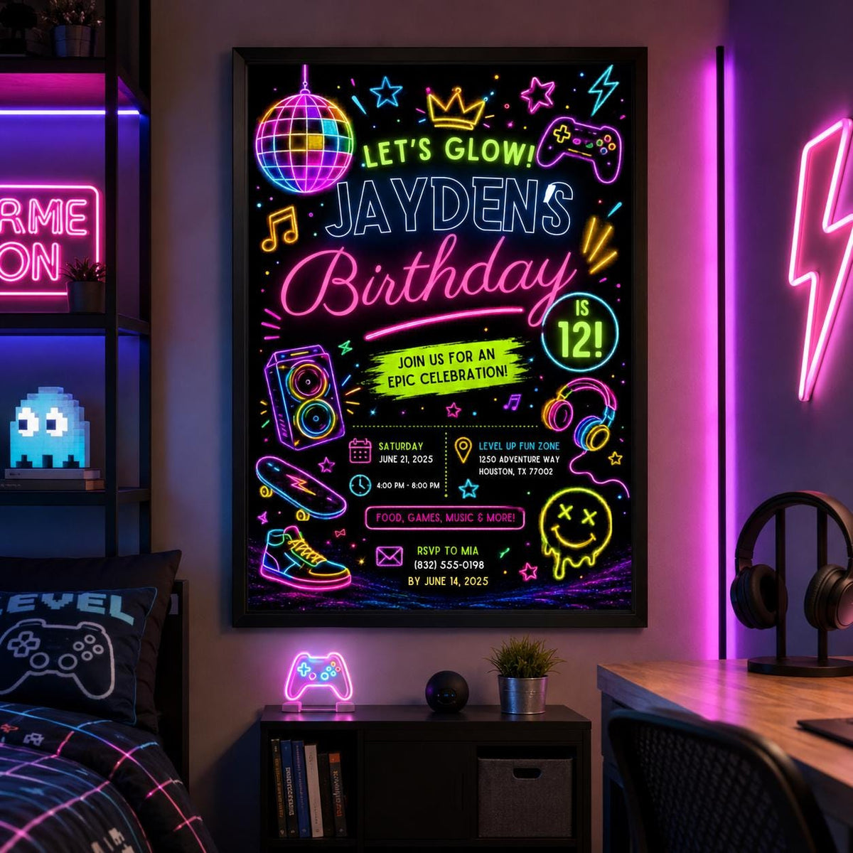 Editable Neon Glow Birthday Invitation Canva Template, Retro Teens Neon Cute Modern Fun Themed DIY Party Invite, Printable Digital Download.