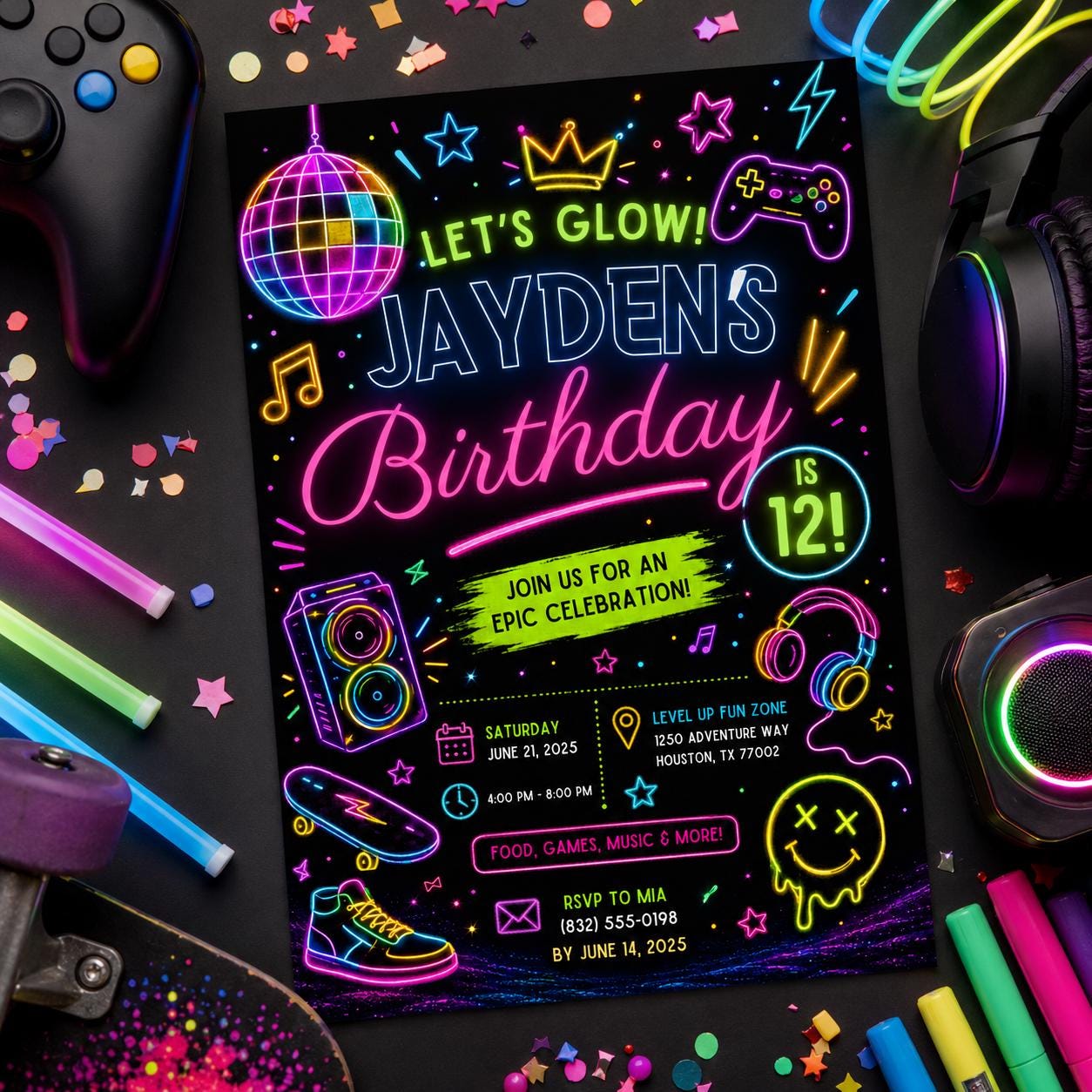 Editable Neon Glow Birthday Invitation Canva Template, Retro Teens Neon Cute Modern Fun Themed DIY Party Invite, Printable Digital Download.