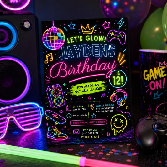 Editable Neon Glow Birthday Invitation Canva Template, Retro Teens Neon Cute Modern Fun Themed DIY Party Invite, Printable Digital Download.